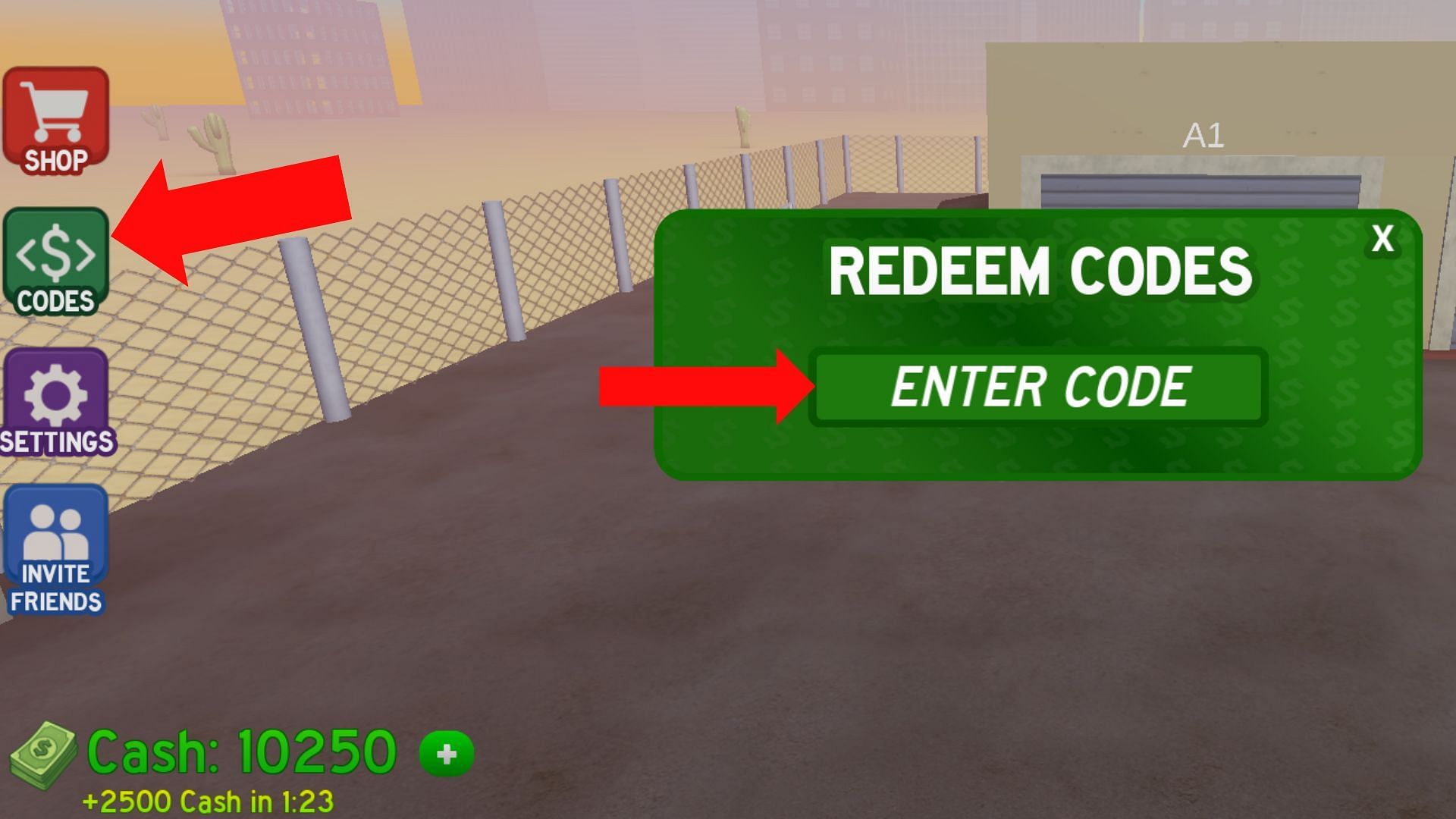 The Codes button is indicated by a dollar icon (Image via Roblox)